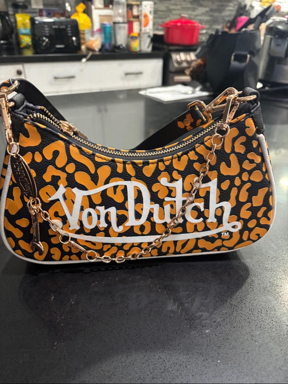 Von Dutch Black & Orange Leopard Mini Shoulder Bag with Gold Chain